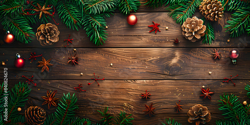 Toma cenital de una mesa de madera decorada con hojas de pino y esferas navideñas con espacio en el centro