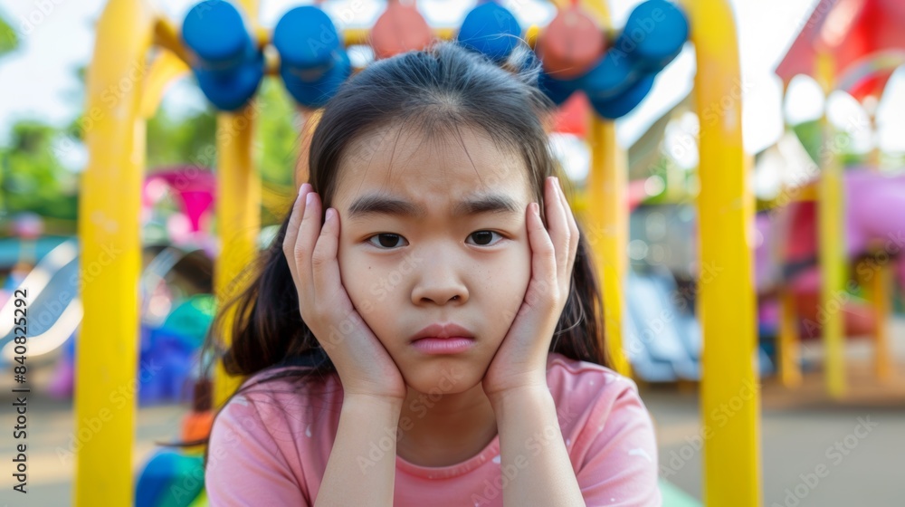 Young asian girl feeling sad at colorful playground Young asian girl feeling sad at colorful playground
