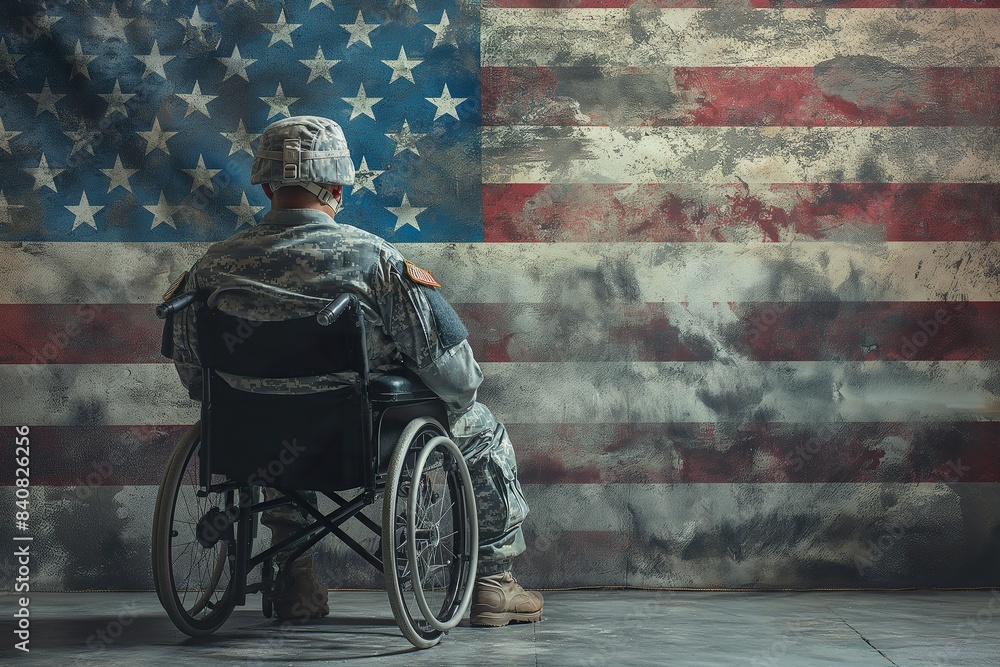 Obraz premium A soldier sits in a wheelchair, facing a weathered American flag, reflecting on his service and the sacrifices made.