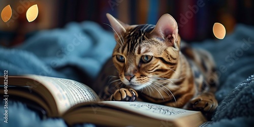 Striped Bengal cat models astrology book close up, Generative AI photo