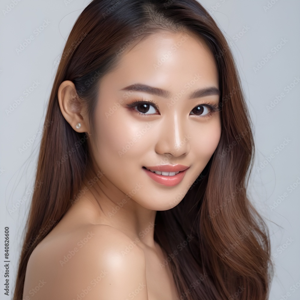 Fototapeta premium Pretty Asian beauty woman long hair with japanese makeup glowing face and healthy facial skin portrait smile on isolated white background