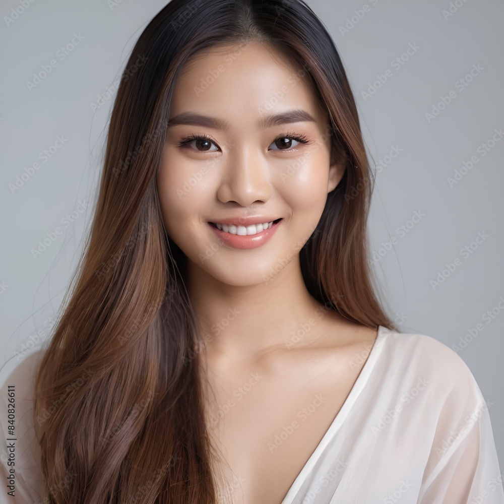 Pretty Asian beauty woman long hair with japanese makeup glowing face and healthy facial skin portrait smile on isolated white background Pretty Asian beauty woman long hair with japanese makeup glowing face and healthy facial skin portrait smile on isolated white background