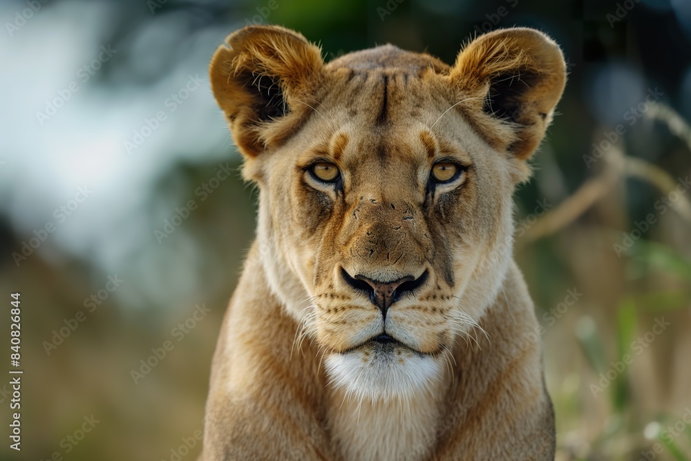 A close-up portrait of a lioness, showcasing her piercing gaze and majestic features. A close-up portrait of a lioness, showcasing her piercing gaze and majestic features.