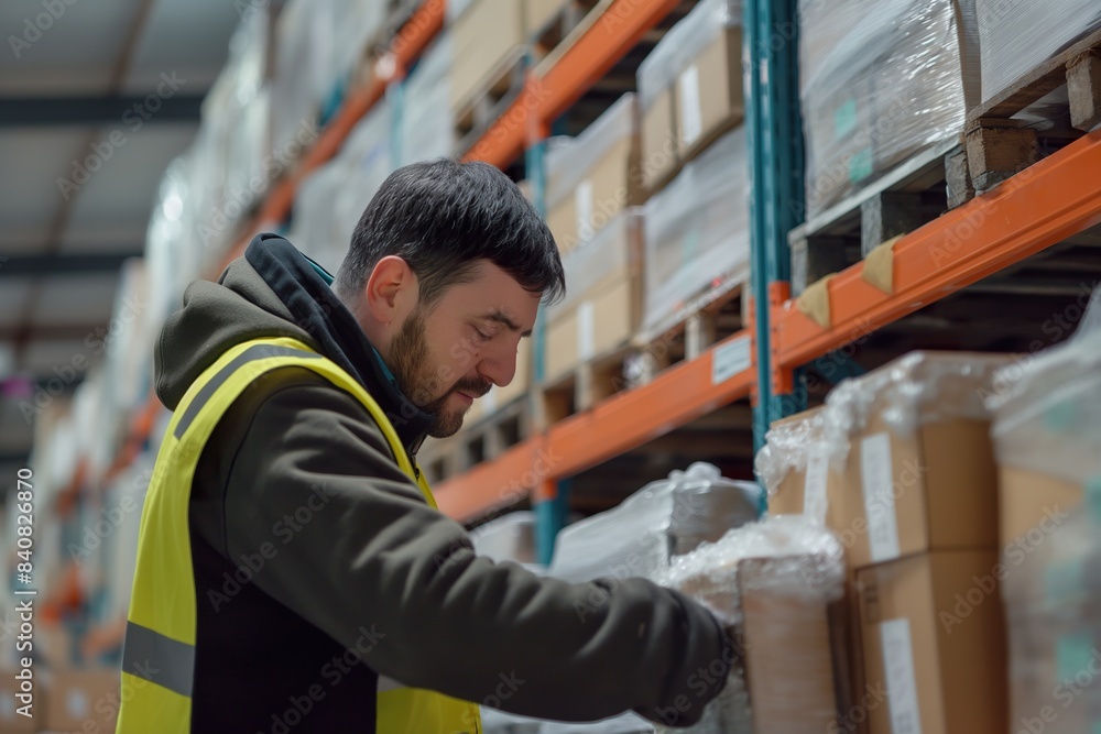A warehouse worker in a yellow vest carefully arranges boxes on a shelf in a large logistics center. A warehouse worker in a yellow vest carefully arranges boxes on a shelf in a large logistics center.