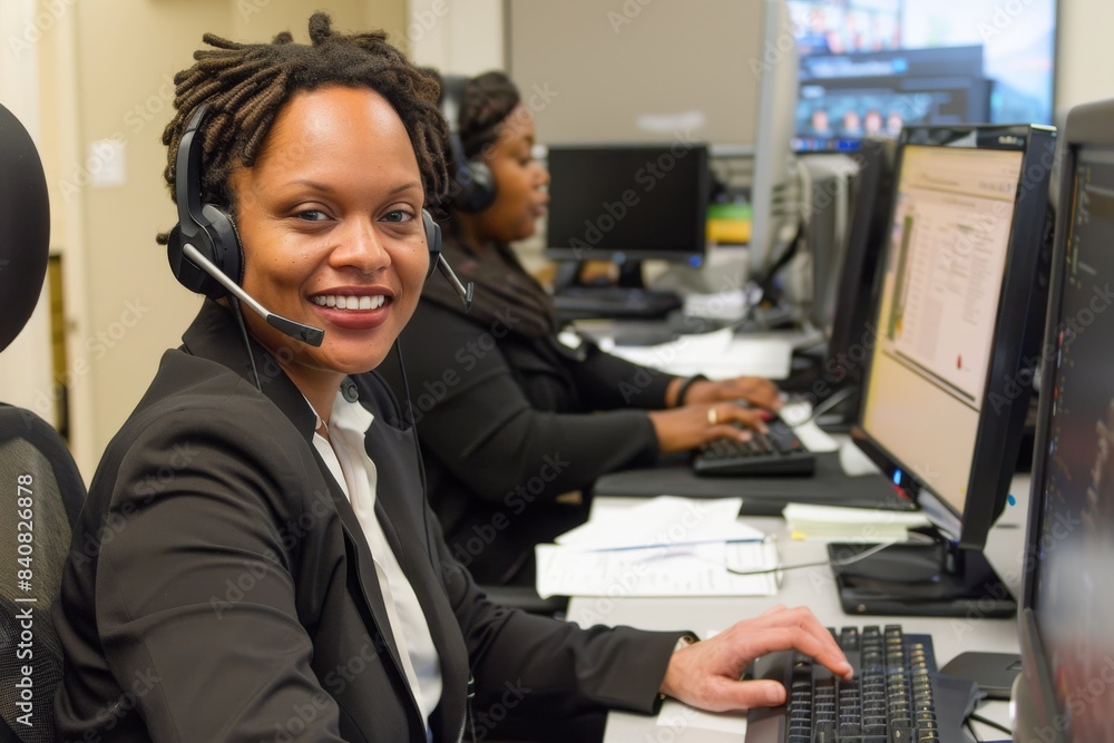 Female call center employee in business attire using computer while sitting at desk with headset on, and another woman is working behind her. Female call center employee in business attire using computer while sitting at desk with headset on, and another woman is working behind her.