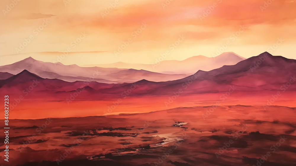 Watercolor sunset over distant mountains Watercolor sunset over distant mountains