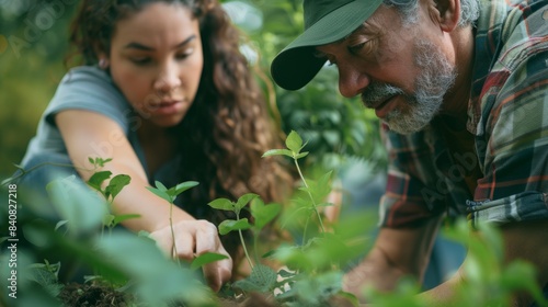 A close-up image of a middle-aged Caucasian man and a young Hispanic woman planting seedlings in a lush garden setting