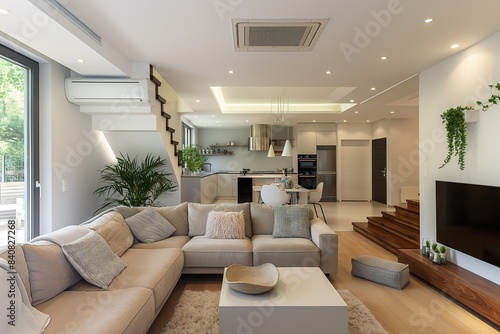 A spacious living room with a large sectional sofa and a modern air conditioner unit.