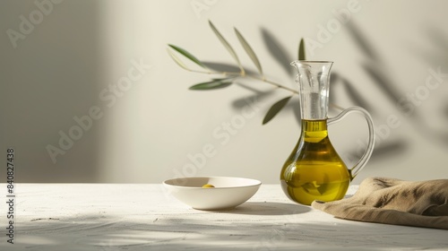 A glass pitcher filled with freshly pressed olive oil sits on a white table  with a small bowl and a cloth napkin nearby. The pitcher has a unique shape  and the oil is golden green in color