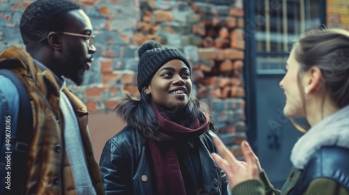 Three friends stand on a city street, engaging in a lively conversation, captured from a side angle