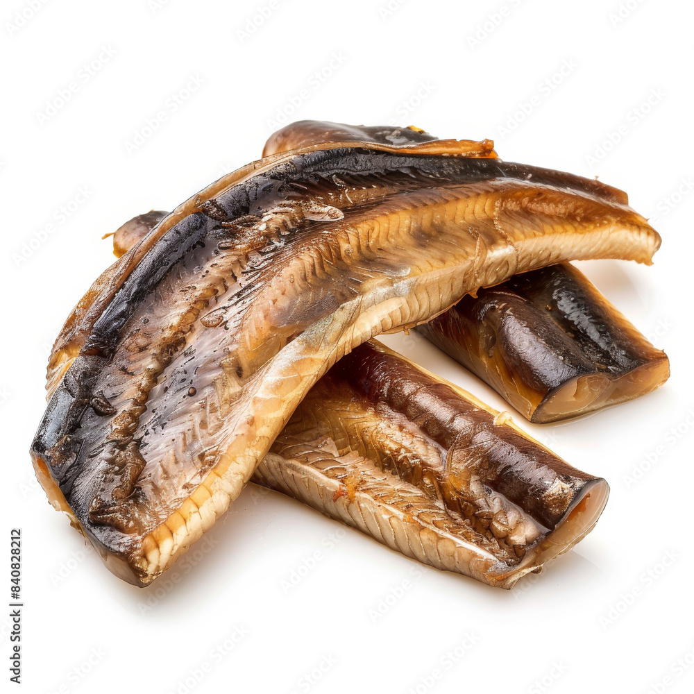 Glazed Smoked Eel Fillets on White Background Glazed Smoked Eel Fillets on White Background