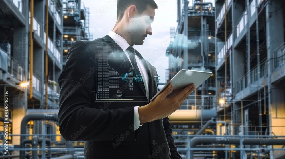 A businessman using a digital technology tablet in an industrial setting, representing digital transformation. A businessman using a digital technology tablet in an industrial setting, representing digital transformation.