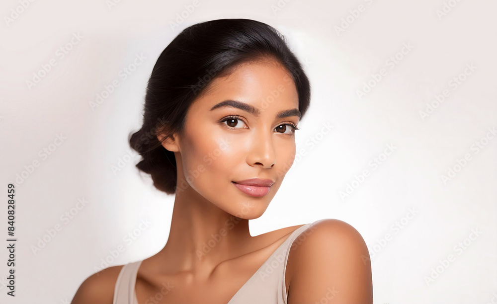 Beautiful Latin woman set against a white background highlights her natural beauty and elegance, making it ideal for use in advertising, magazines, and promotional events Beautiful Latin woman set against a white background highlights her natural beauty and elegance, making it ideal for use in advertising, magazines, and promotional events