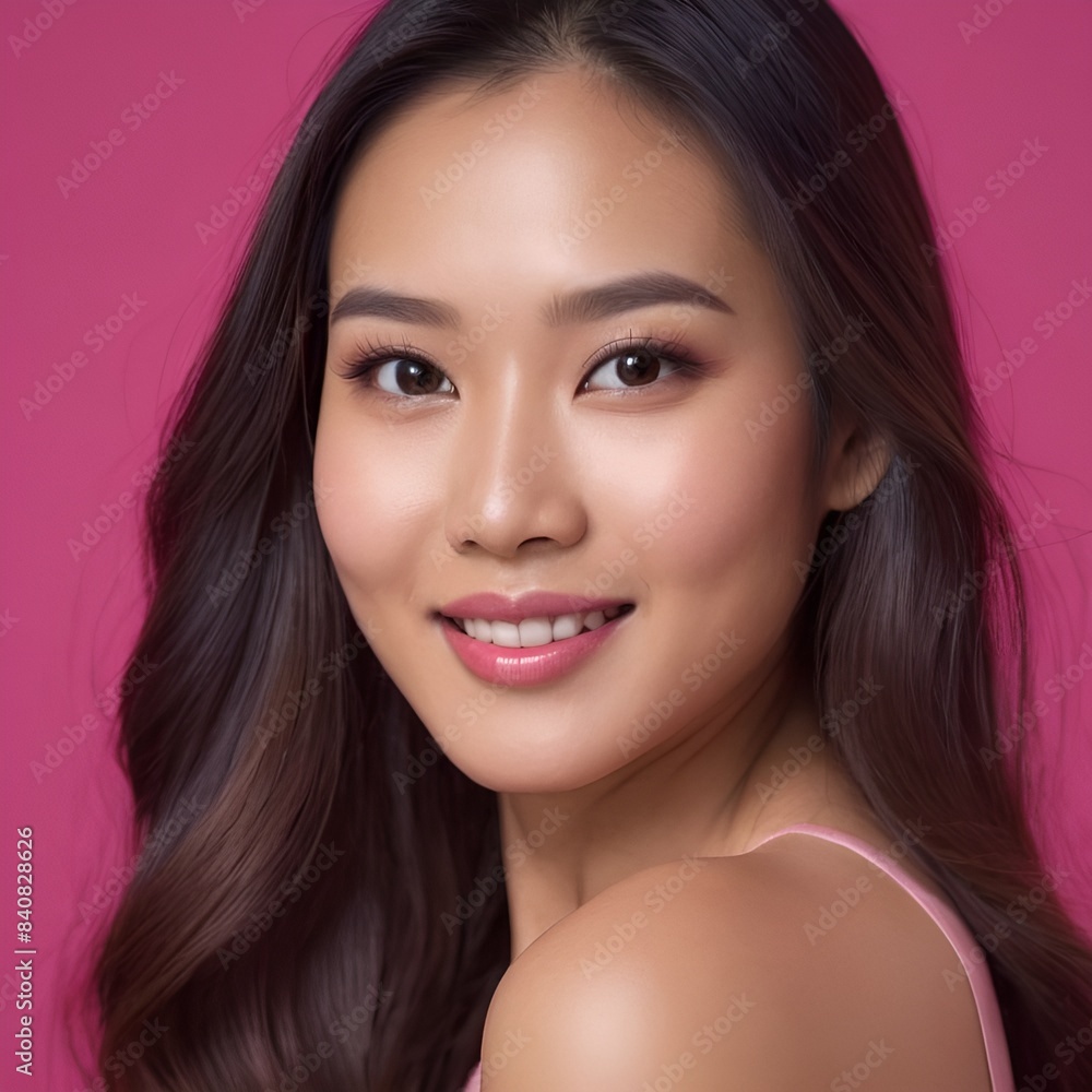 Pretty Asian beauty woman long hair with japanese makeup glowing face and healthy facial skin portrait smile on isolated light fuchsia background Pretty Asian beauty woman long hair with japanese makeup glowing face and healthy facial skin portrait smile on isolated light fuchsia background