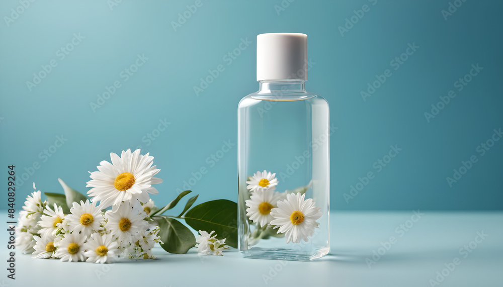 cosmetic product mockup in transparent bottle with flowers cosmetic product mockup in transparent bottle with flowers