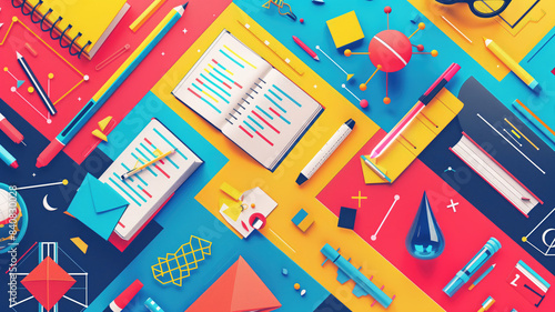 dynamic back to school background with a burst of colorful geometric shapes and symbols representing, Generative Ai