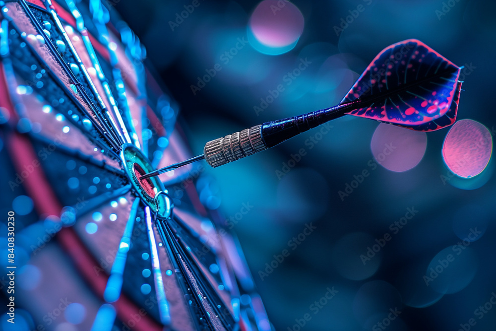 A close-up view of a dart precisely hitting the bullseye on a dartboard, illuminated by vibrant blue and purple lights, highlighting the texture and design of the dart and board A close-up view of a dart precisely hitting the bullseye on a dartboard, illuminated by vibrant blue and purple lights, highlighting the texture and design of the dart and board