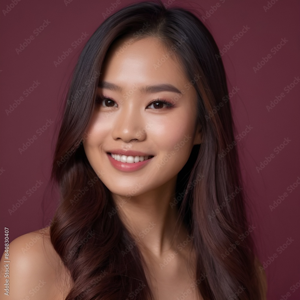 Pretty Asian beauty woman long hair with japanese makeup glowing face and healthy facial skin portrait smile on isolated wine red background Pretty Asian beauty woman long hair with japanese makeup glowing face and healthy facial skin portrait smile on isolated wine red background