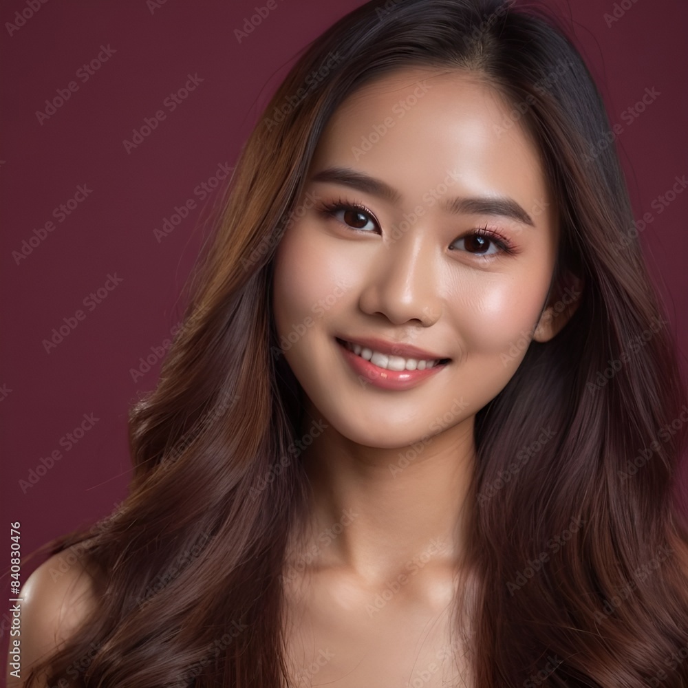 Naklejka premium Pretty Asian beauty woman long hair with japanese makeup glowing face and healthy facial skin portrait smile on isolated wine red background