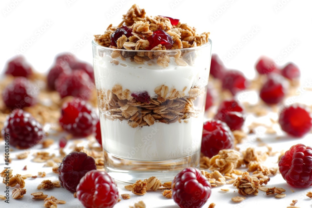Parfait with granola, yogurt, and raspberries, showcasing a healthy, sweet treat in a bright, vibrant setting perfect for a nutritious lifestyle Parfait with granola, yogurt, and raspberries, showcasing a healthy, sweet treat in a bright, vibrant setting perfect for a nutritious lifestyle