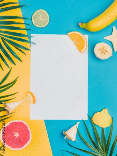 Summer paper frame. vibrant summer-themed flat lay featuring an blank sheet of paper on a soft background, surrounded by tropical leaves, pink and yellow flowers, strawberries, and watermelon slices.