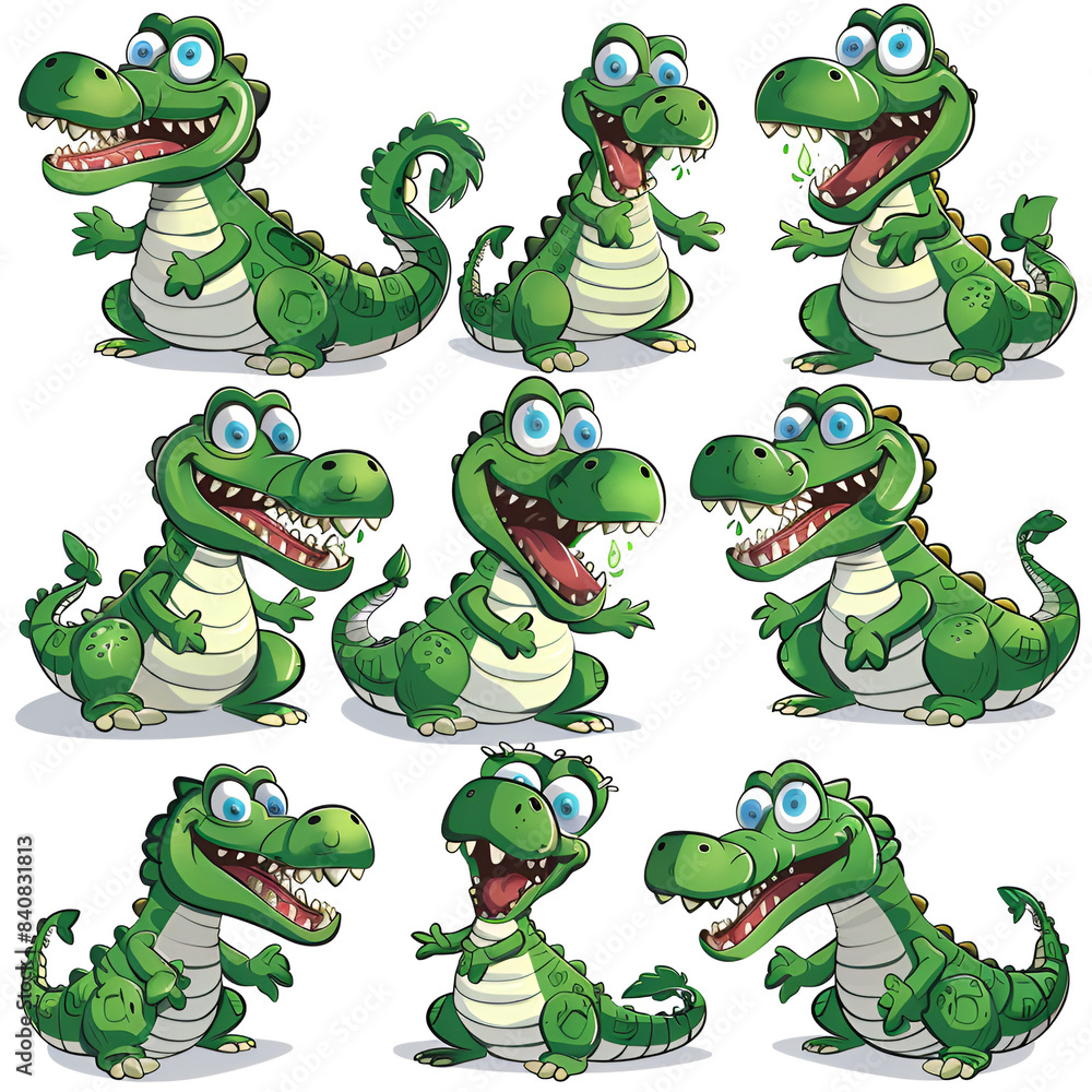 Obraz premium A little human like crocodile high quality white background sticker cartoon 2d Multiple poses and expressons