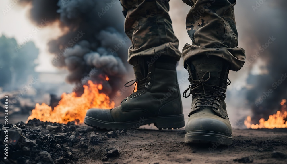 close-up of soldier's boots walking on the ground, in the background there is smoke and fire, destruction, puddles and dirt close-up of soldier's boots walking on the ground, in the background there is smoke and fire, destruction, puddles and dirt