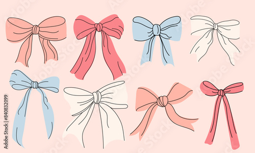 Set of colorful cute bows in a flat style. Trendy accessories for girls. Hand drawn vector illustration.