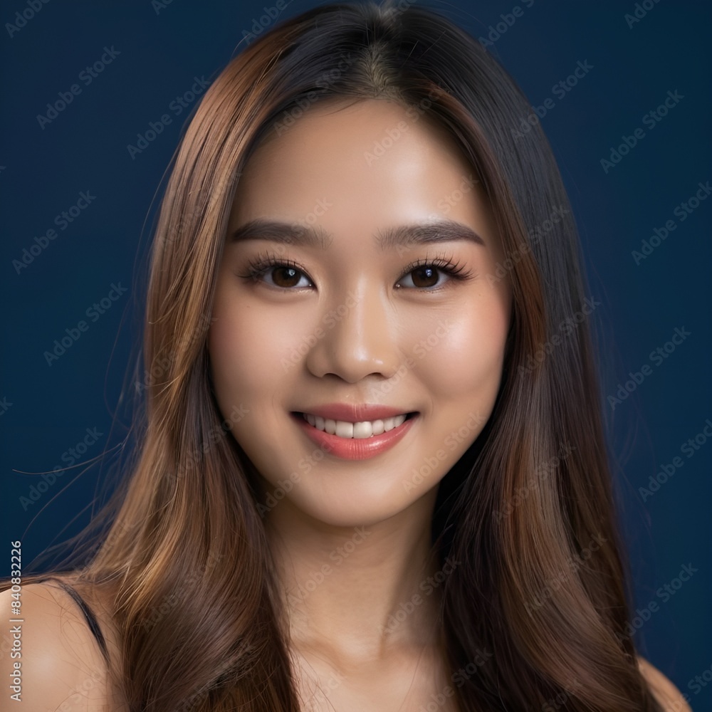 Fototapeta premium Pretty Asian beauty woman long hair with japanese makeup glowing face and healthy facial skin portrait smile on isolated dark blue background
