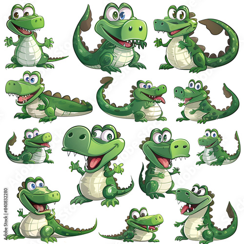 A little human like crocodile high quality white background sticker cartoon 2d Multiple poses and expressons