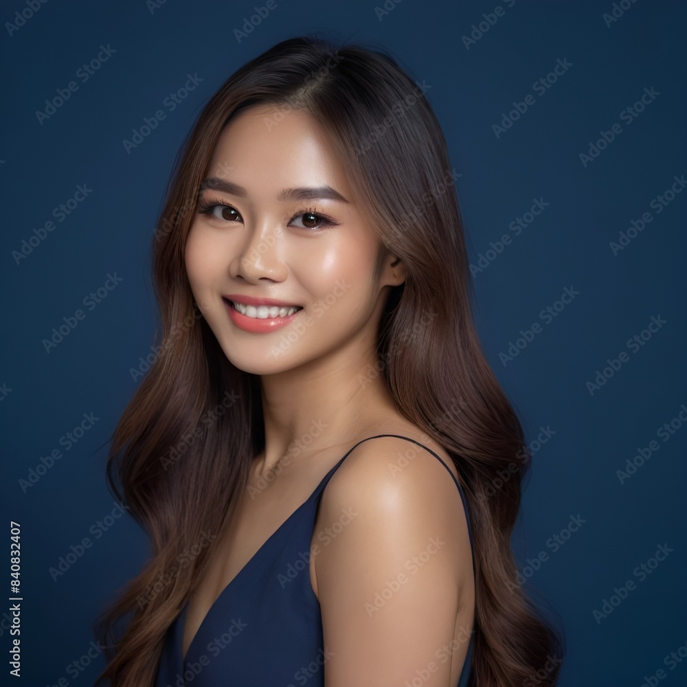 Obraz premium Pretty Asian beauty woman long hair with japanese makeup glowing face and healthy facial skin portrait smile on isolated dark blue background
