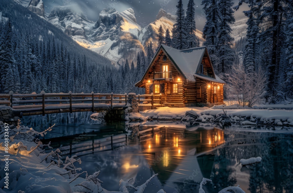 Fototapeta premium Photo of the tiny cabin in front, an emerald lake at night with snow and reflection 