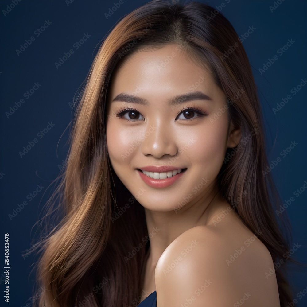 Pretty Asian beauty woman long hair with japanese makeup glowing face and healthy facial skin portrait smile on isolated dark blue background