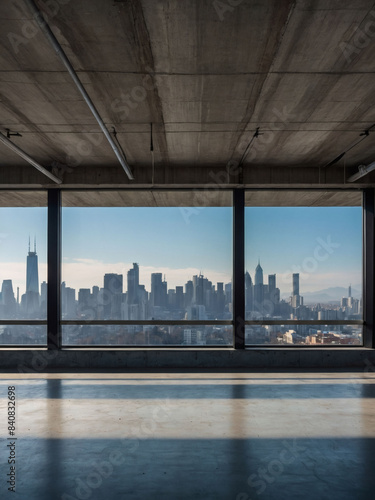 Showroom or store with an unoccupied concrete floor, framed by a picturesque urban skyline and blue sky design. © xKas