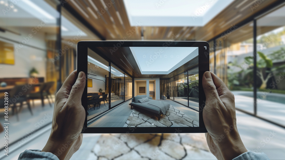 Fototapeta premium Hands holding a tablet with a modern house visible on the screen. This is a virtual tour of the property, allowing you to carefully view all the rooms without leaving your home.