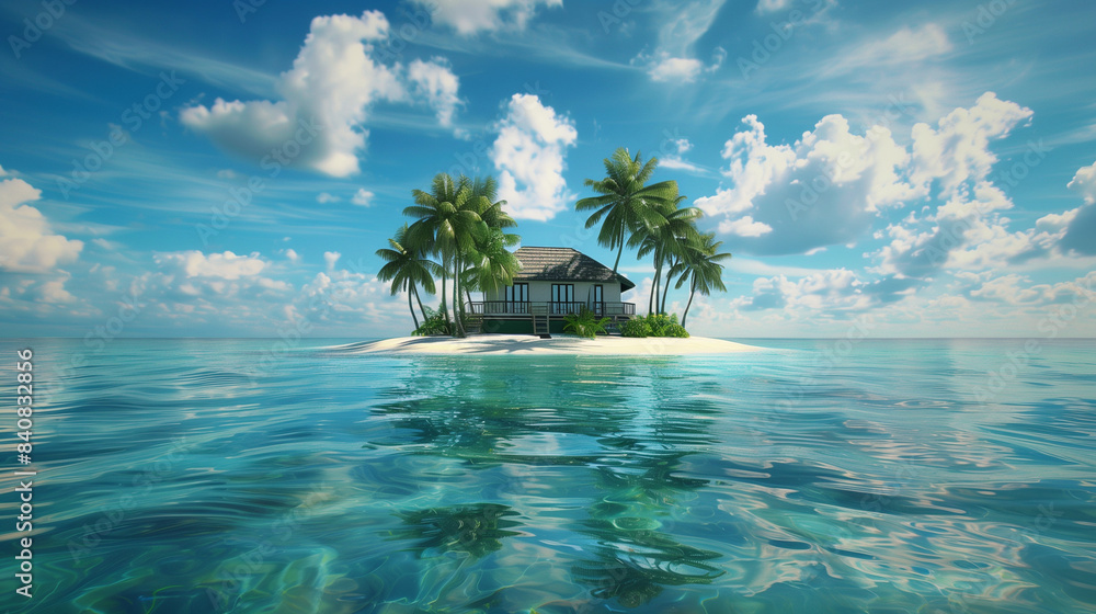A house on a small island surrounded by palm trees, situated in the middle of the sea. This idyllic setting exudes the tranquility and charm of exotic living.