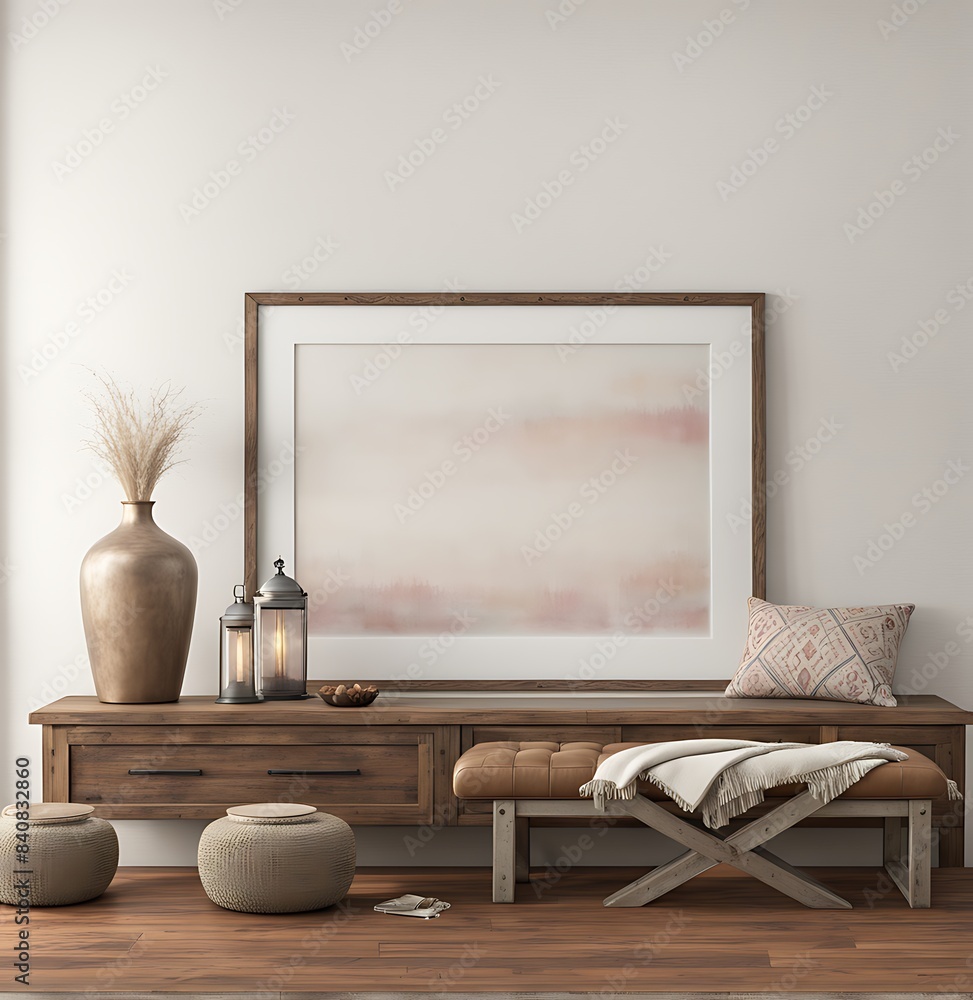 Obraz premium Mockup frame in farmhouse living room interior, 3d render 