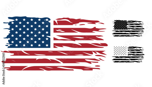 American flag. Distressed flag of the United States of America. Color and black silhouettes set. Vector illustration	