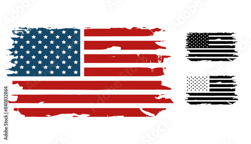 American flag. Distressed flag of the United States of America. Color and black silhouettes set. Vector illustration	