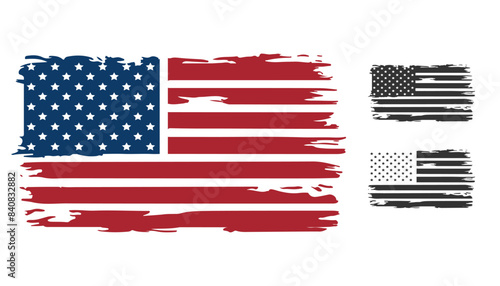 American flag. Distressed flag of the United States of America. Color and black silhouettes set. Vector illustration	