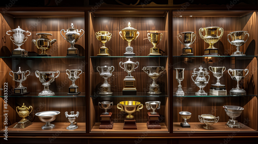 A glass case made of wooden elements, filled with gold and silver trophies. Each one shines, reflecting the successes and achievements they symbolize.