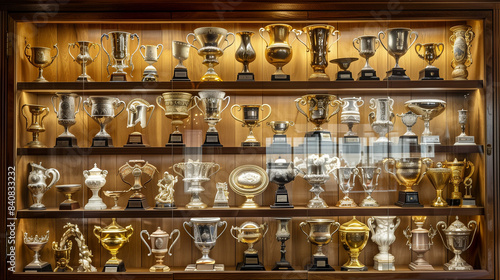 A glass case made of wooden elements, filled with gold and silver trophies. Each one shines, reflecting the successes and achievements they symbolize. photo