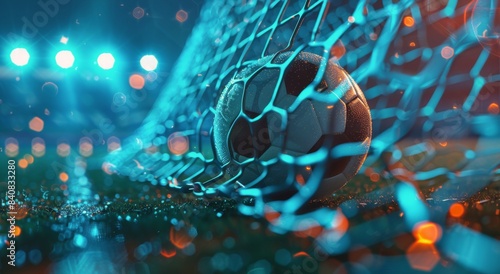 Soccer Ball in Net Under Stadium Lights at Night