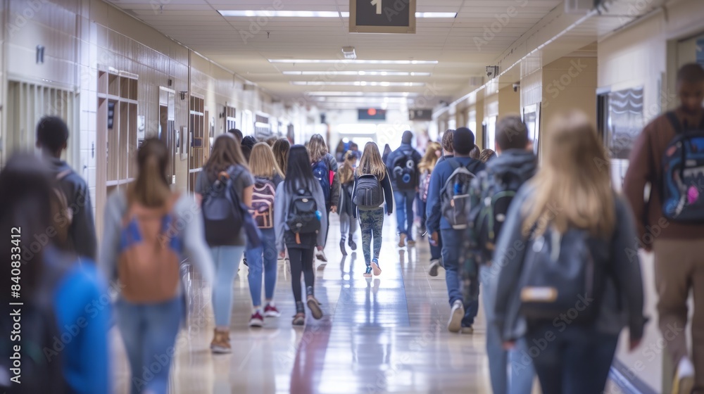 © Ilia Nesolenyi - A wide-angle photo of a high school corridor filled with students walking to and from classes during a class change © Ilia Nesolenyi - A wide-angle photo of a high school corridor filled with students walking to and from classes during a class change