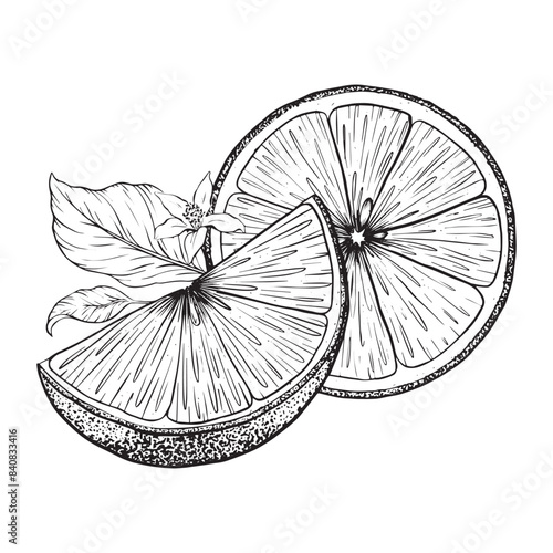 Lemon fruits on branch, Slice of Lemon and leaves. Hand drawn Sketch vector illustration. Black ink outline of citrus. Isolated on white background. Design for menu, package, cosmetic, textile
