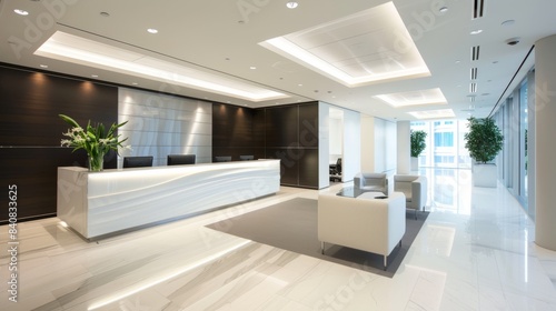 A wide-angle shot showcasing a sleek and modern office interior with a minimalist reception desk and lounge area. The space features clean lines  white walls  and large windows