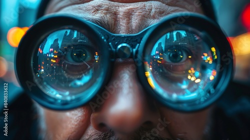 Close-Up View of Man Wearing Glasses Reflecting City Lights at Night