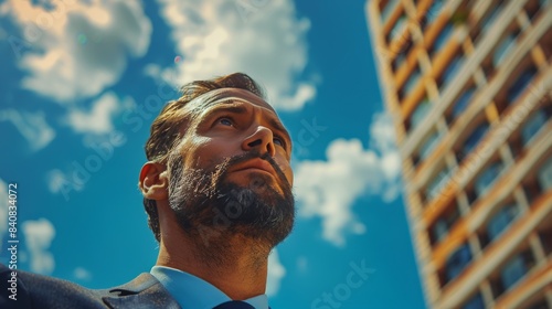 Man Wearing Glasses Looks Up On Sunny Day in City