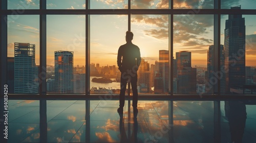 Silhouette of Man Looking Out Window at Sunset Over City Skyline