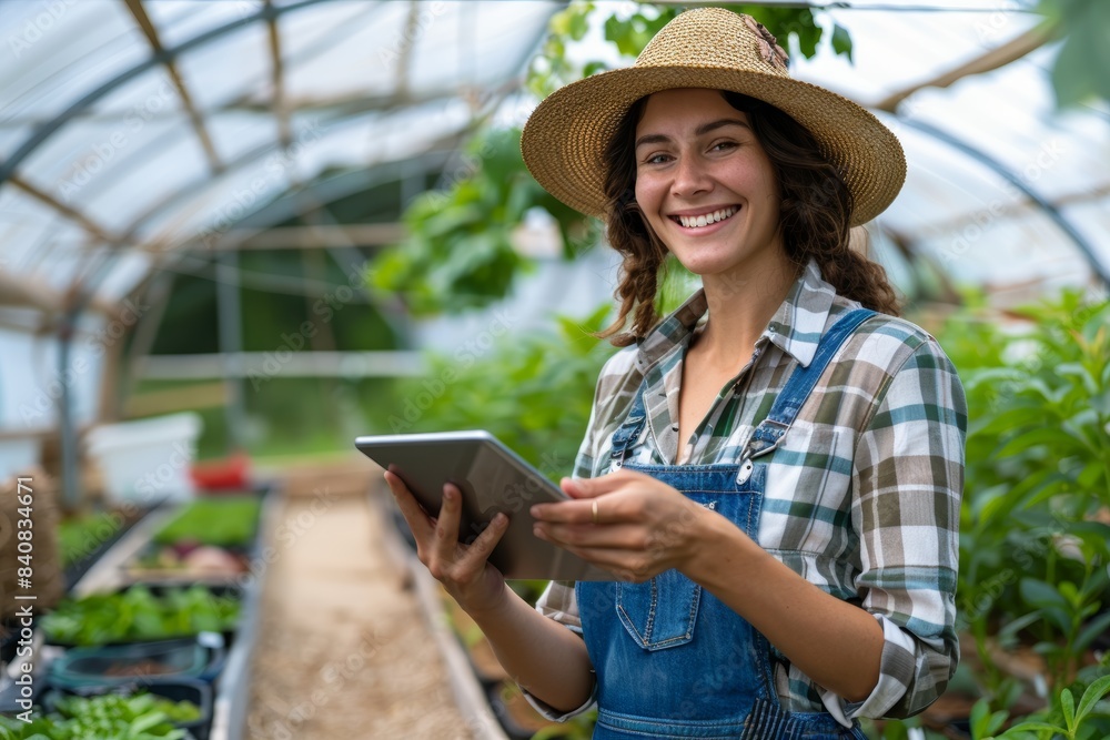 Fototapeta premium Happy, lady gardening on tablet in greenhouse for agricultural, farming plants, or eco supply chain. Farmers, digital tech, or sustainable business apps for food production, agro growth, or inspection